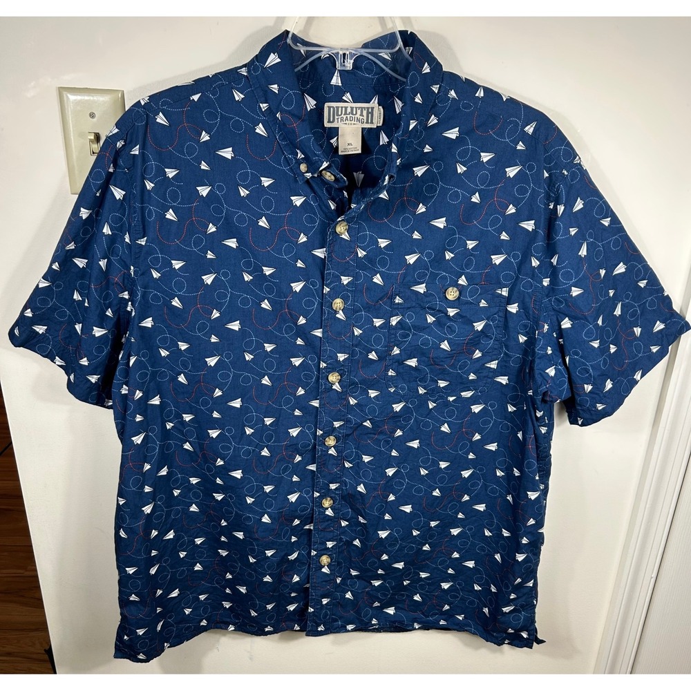 Duluth Trading Co Button Down Shirt Men XL Blue Paper Airplane Novelty Quirky